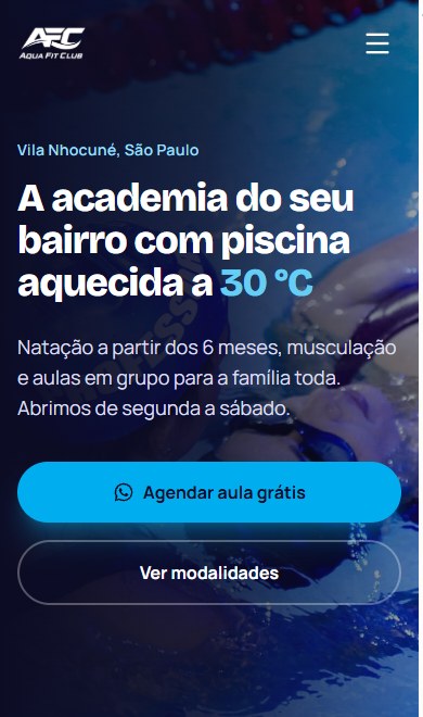 Site da Aqua Fit Club no celular